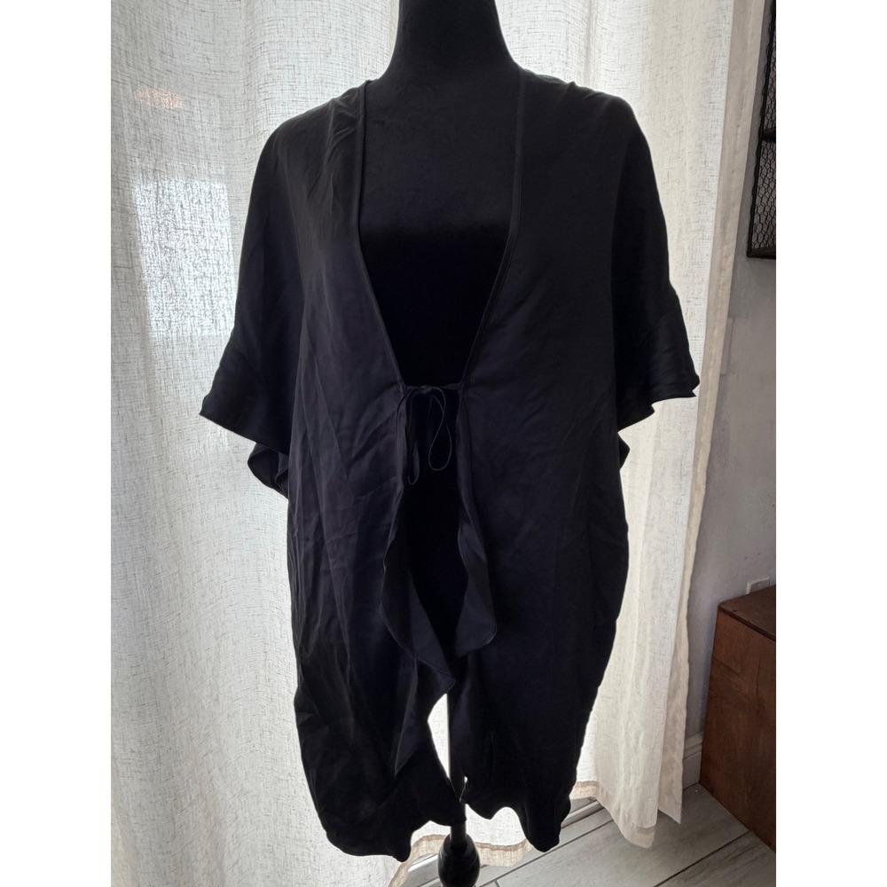 Victorias Secret Black Satin Flutter Sleeve Ruffle Trim Robe One Size OS